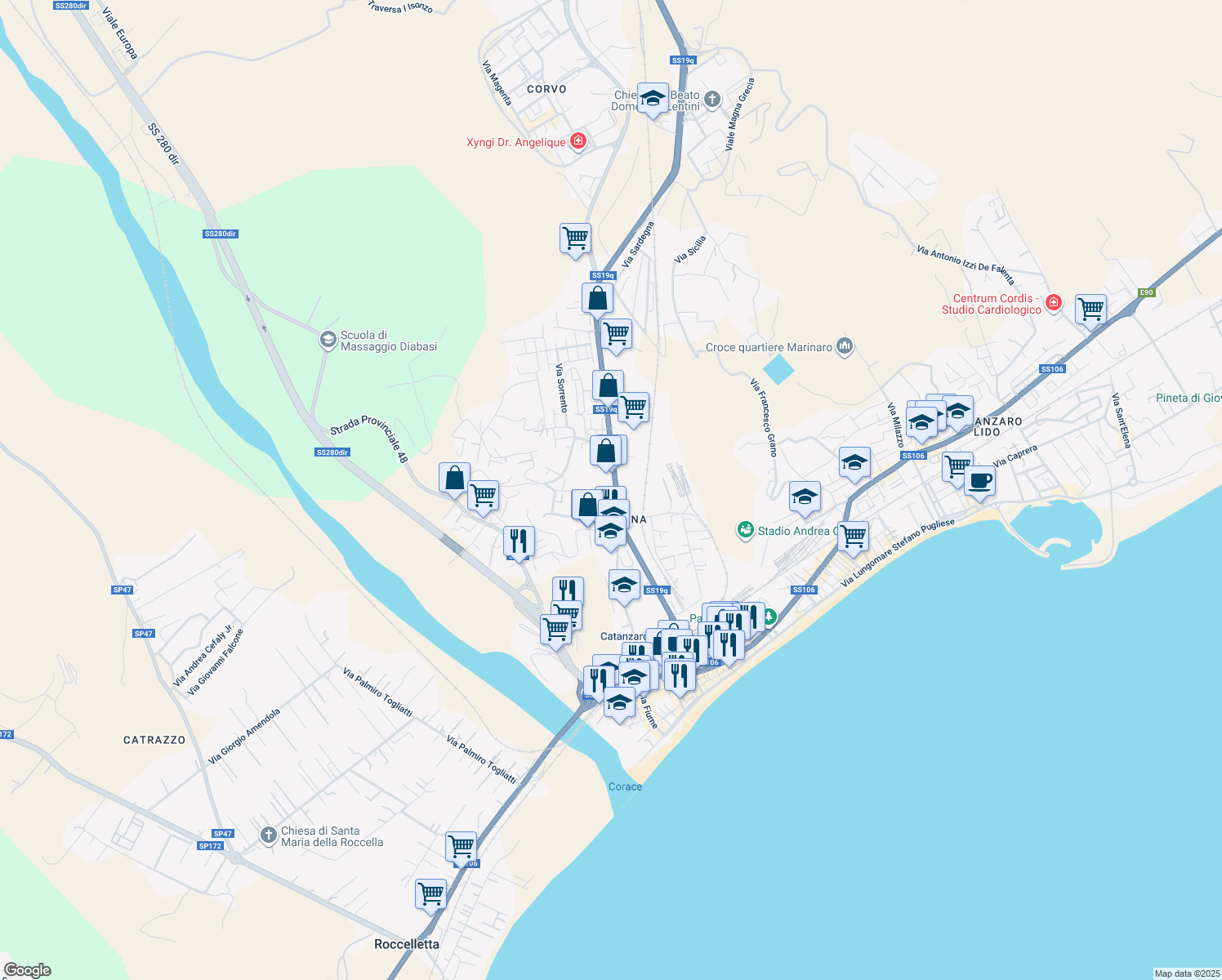 map of restaurants, bars, coffee shops, grocery stores, and more near 276 Viale Magna Grecia in Catanzaro