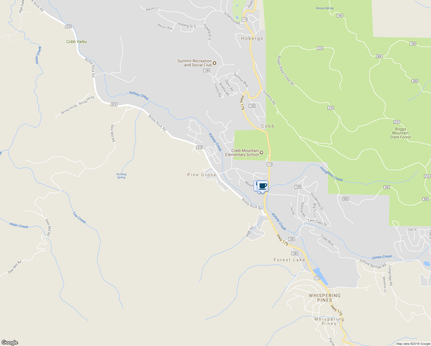 map of restaurants, bars, coffee shops, grocery stores, and more near 16095 Bottle Rock Road in Cobb