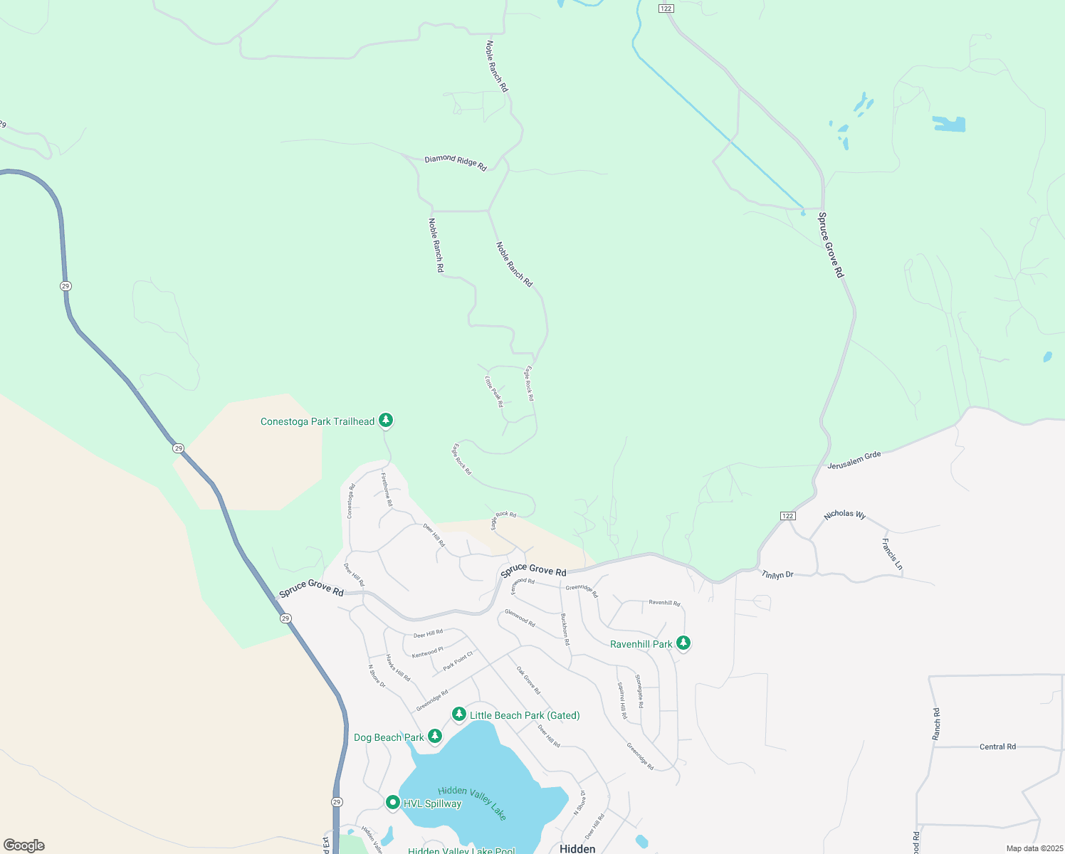 map of restaurants, bars, coffee shops, grocery stores, and more near 15927 Eagle Rock Road in Hidden Valley Lake