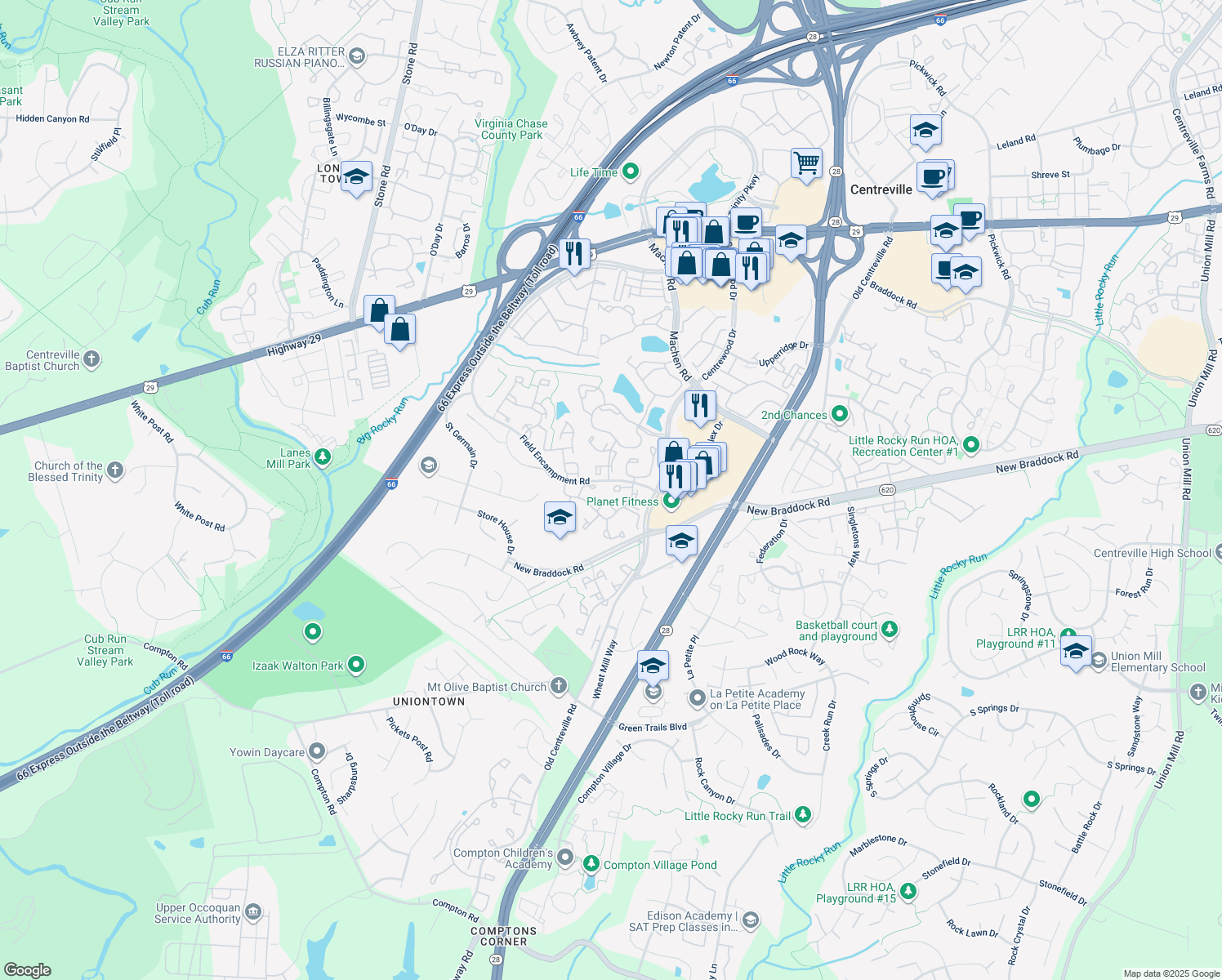 map of restaurants, bars, coffee shops, grocery stores, and more near 14223 Belt Buckle Court in Centreville