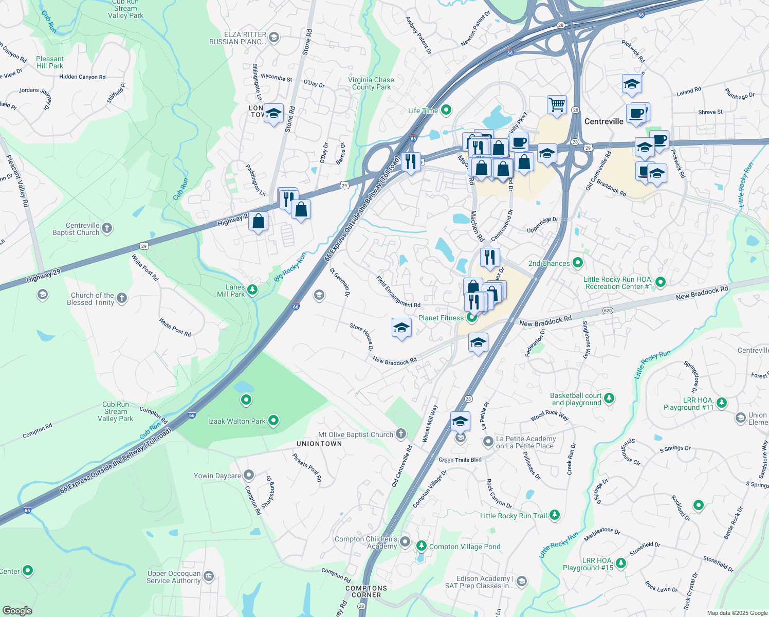 map of restaurants, bars, coffee shops, grocery stores, and more near 14560 Woodland Ridge Drive in Centreville