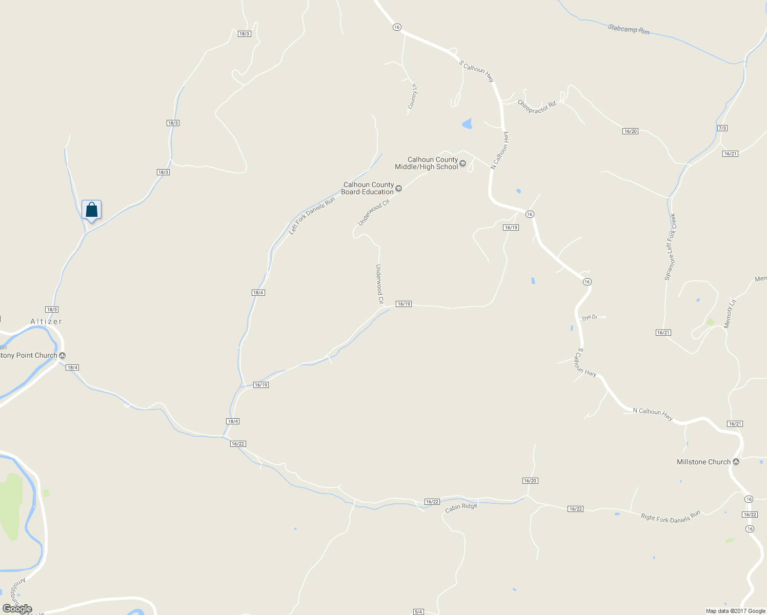 map of restaurants, bars, coffee shops, grocery stores, and more near Daniels Run in Calhoun County