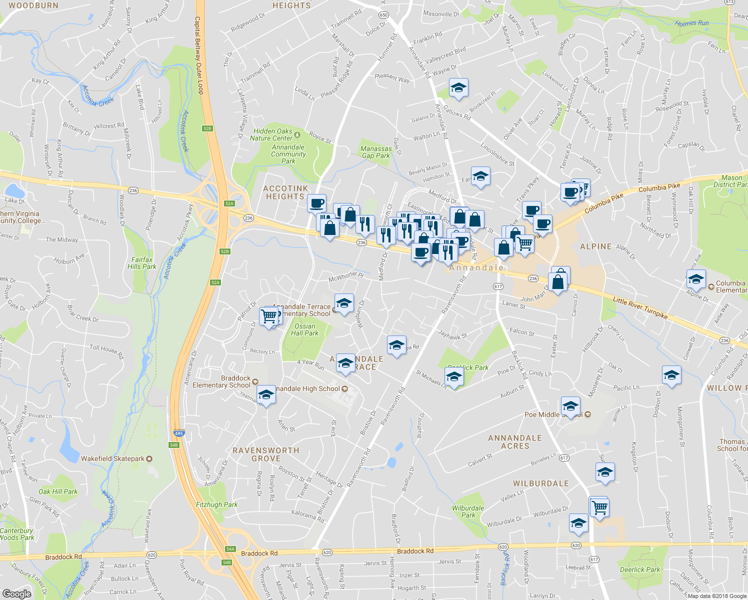 map of restaurants, bars, coffee shops, grocery stores, and more near 7560 Weyburn Court in Annandale