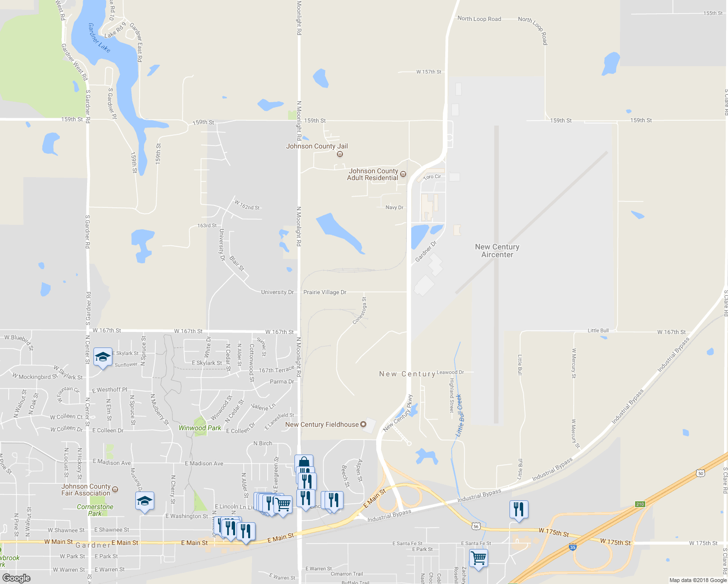 map of restaurants, bars, coffee shops, grocery stores, and more near Prairie Village Drive in Gardner