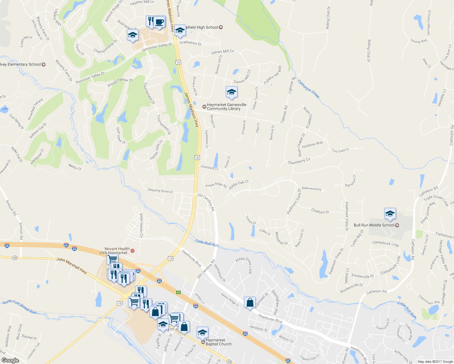 map of restaurants, bars, coffee shops, grocery stores, and more near 14849 Cox Creek Court in Haymarket