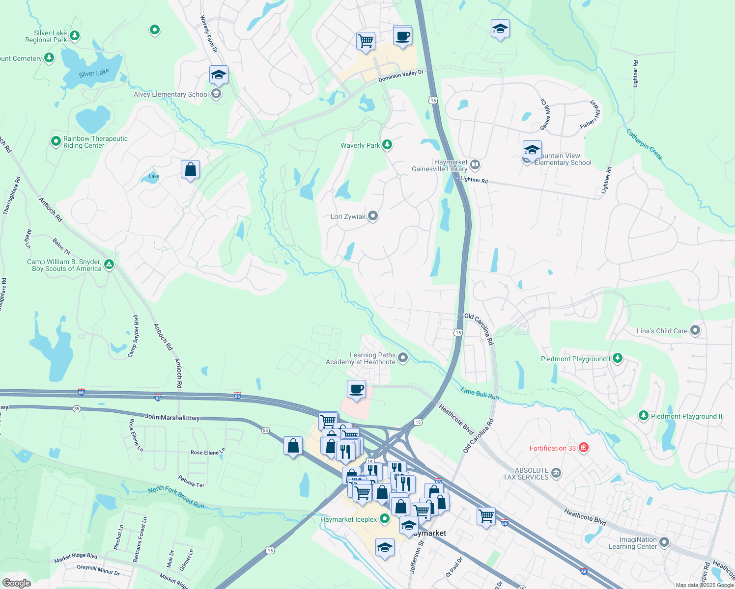 map of restaurants, bars, coffee shops, grocery stores, and more near 15149 Stepping Stone Drive in Haymarket