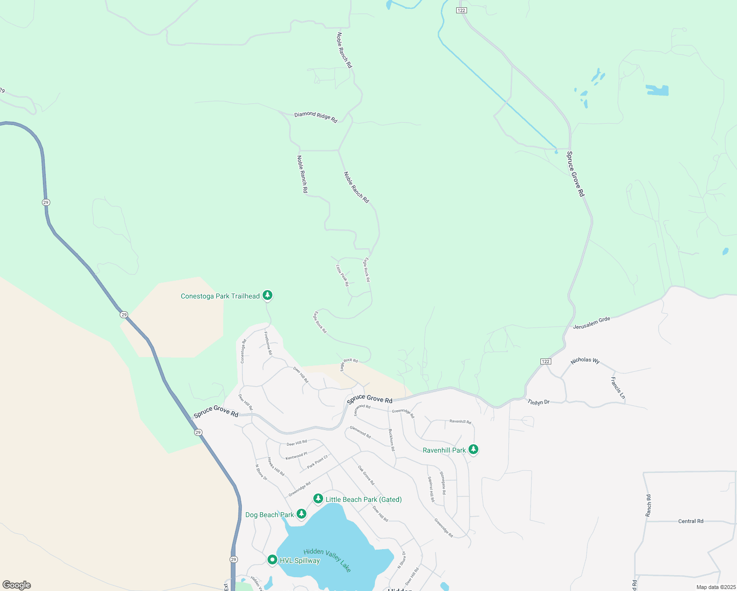 map of restaurants, bars, coffee shops, grocery stores, and more near 15909 Little Peak Road in Hidden Valley Lake