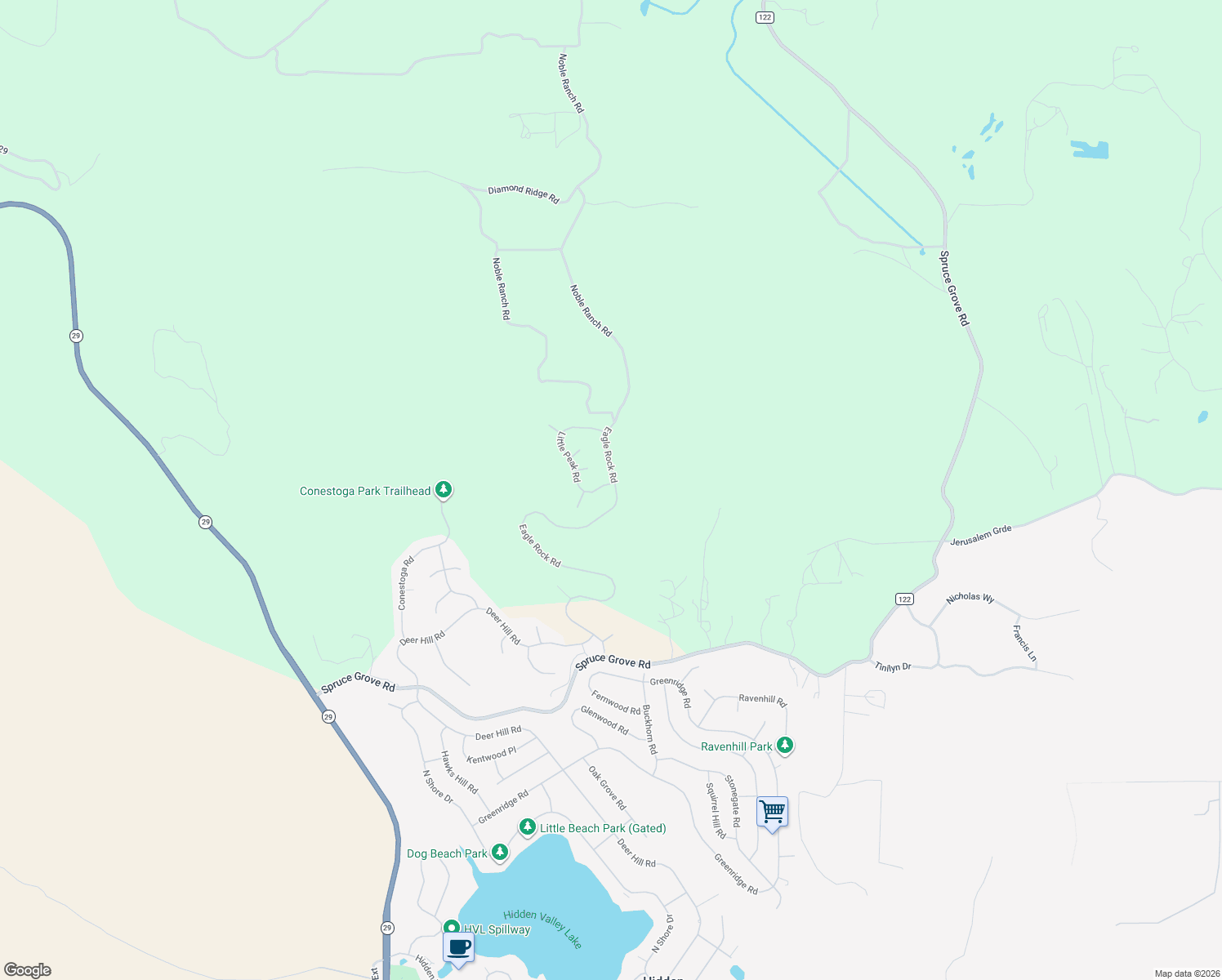 map of restaurants, bars, coffee shops, grocery stores, and more near 15798 Eagle Rock Road in Hidden Valley Lake