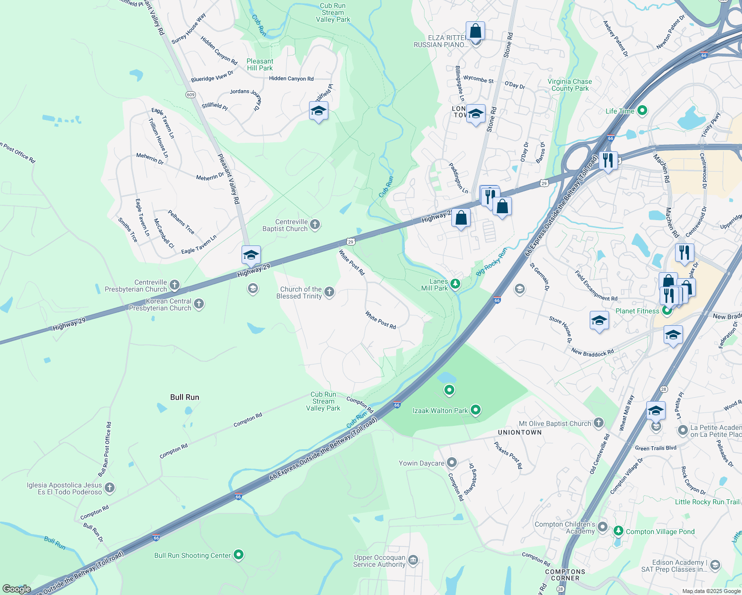 map of restaurants, bars, coffee shops, grocery stores, and more near 14986 Gold Post Court in Centreville