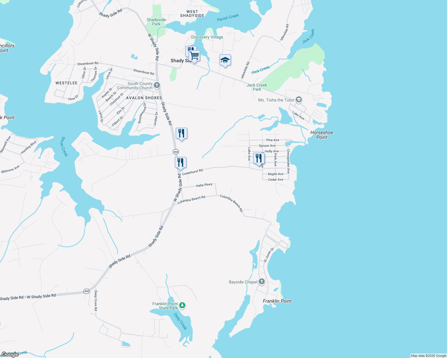 map of restaurants, bars, coffee shops, grocery stores, and more near 1469 Cedarhurst Road in Shady Side