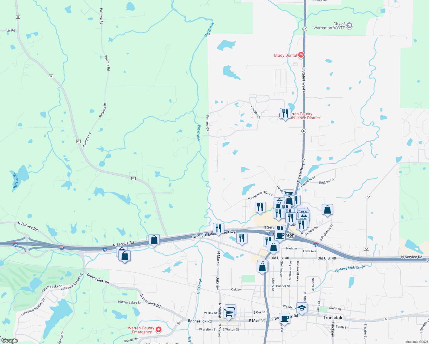 map of restaurants, bars, coffee shops, grocery stores, and more near 1410 Robin Avenue in Warrenton