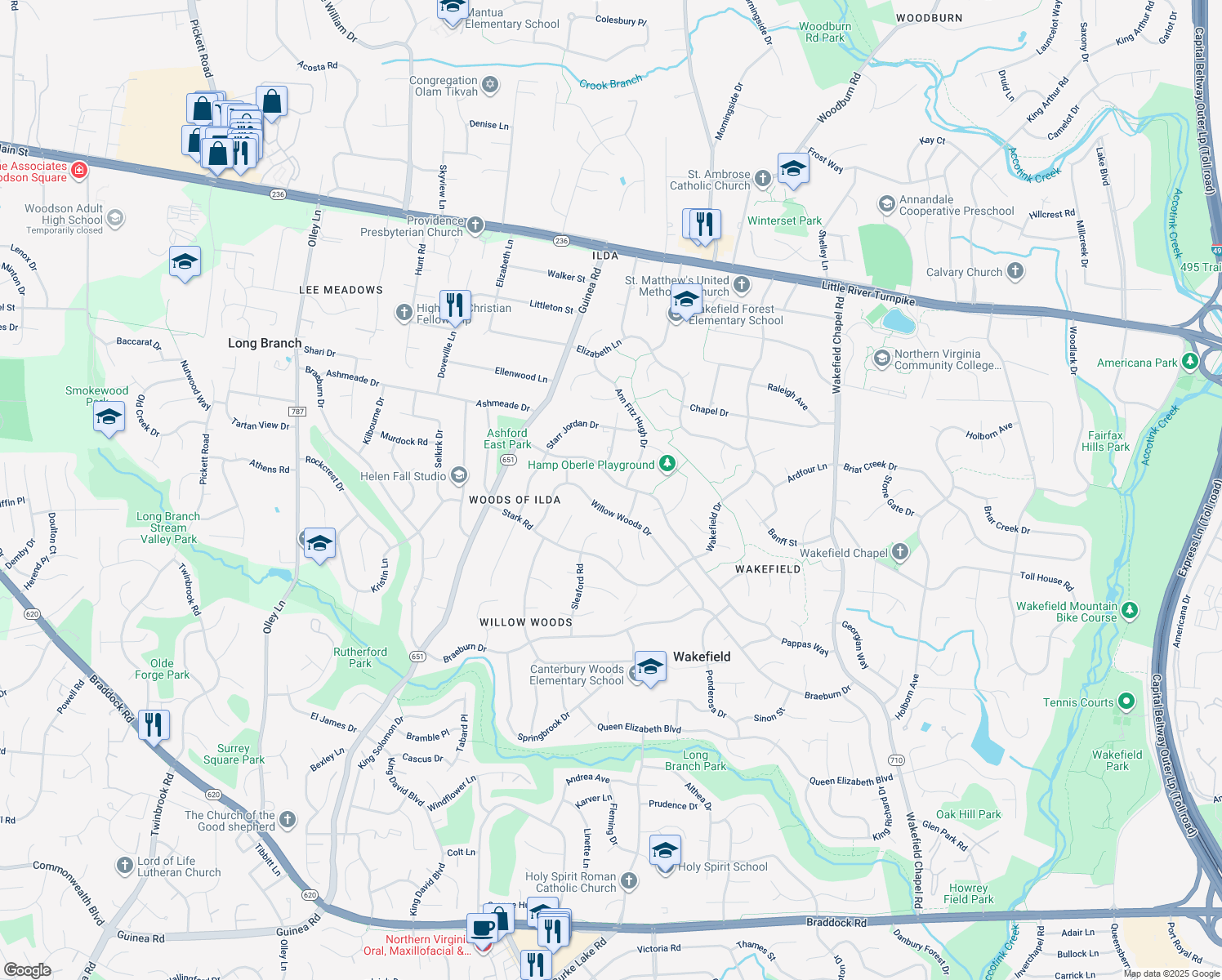 map of restaurants, bars, coffee shops, grocery stores, and more near 8833 Burbank Road in Annandale