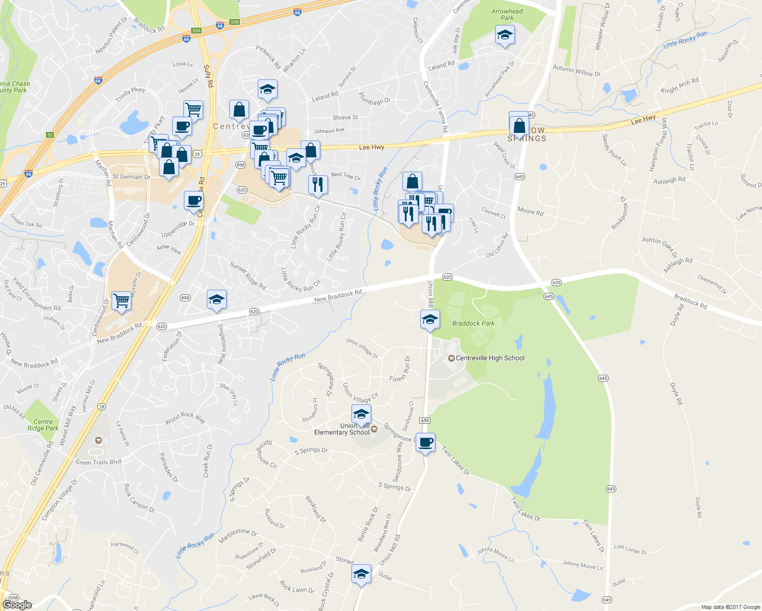 map of restaurants, bars, coffee shops, grocery stores, and more near 13658 Wildflower Lane in Clifton