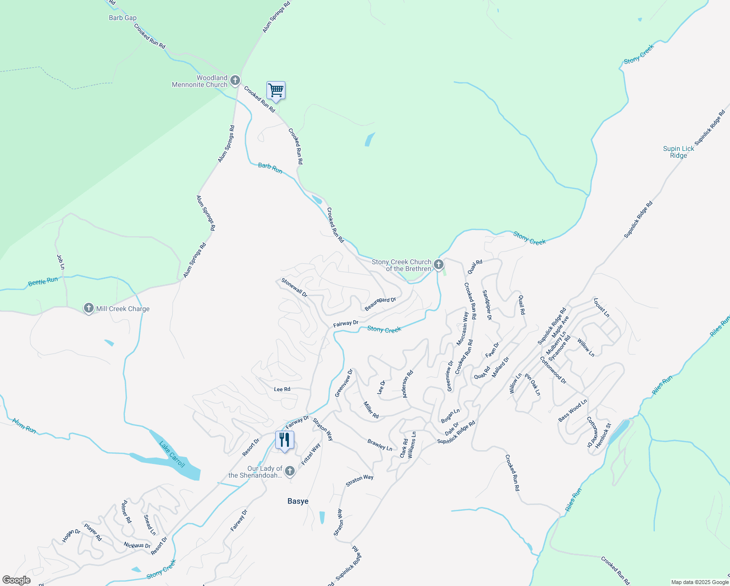 map of restaurants, bars, coffee shops, grocery stores, and more near 506 Stuart Drive in Basye