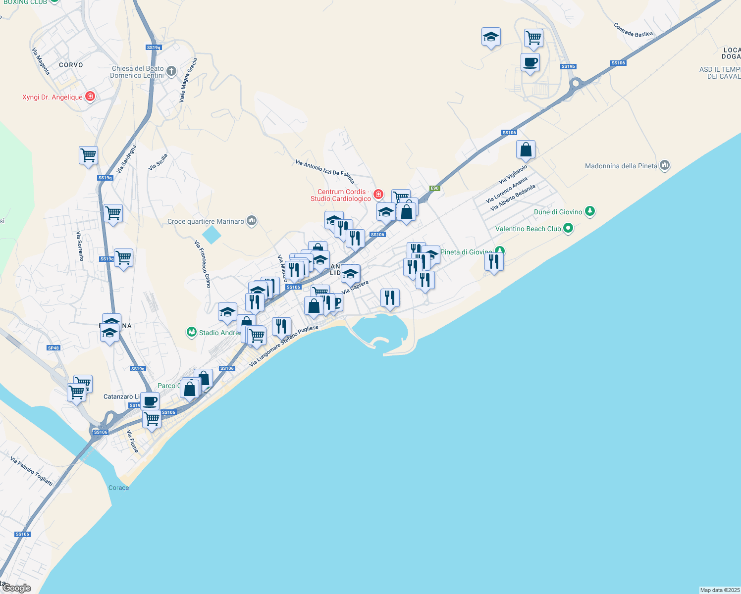 map of restaurants, bars, coffee shops, grocery stores, and more near 9/15 Via Martiri di Cefalonia in Catanzaro