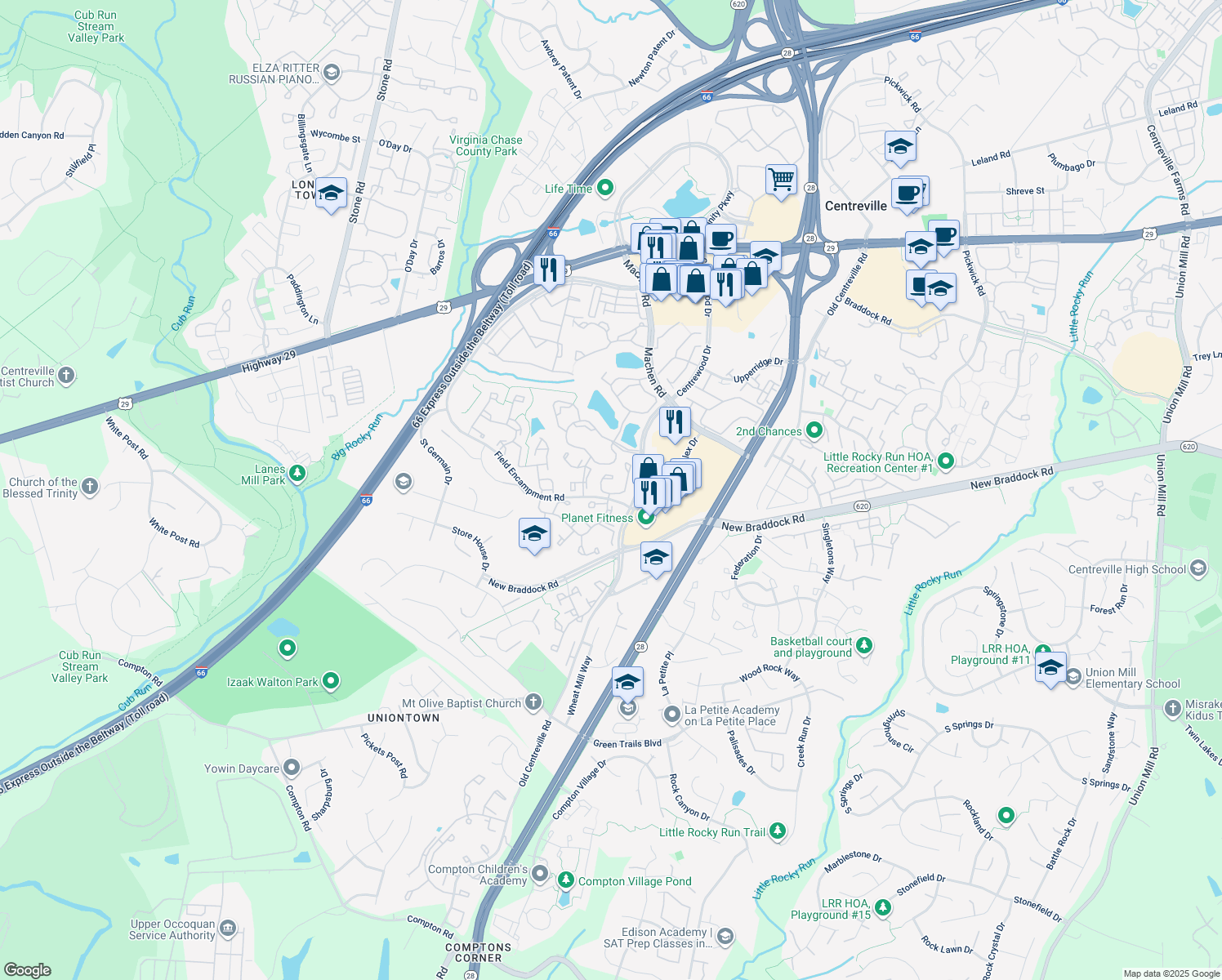 map of restaurants, bars, coffee shops, grocery stores, and more near 14354 Silo Valley View in Centreville