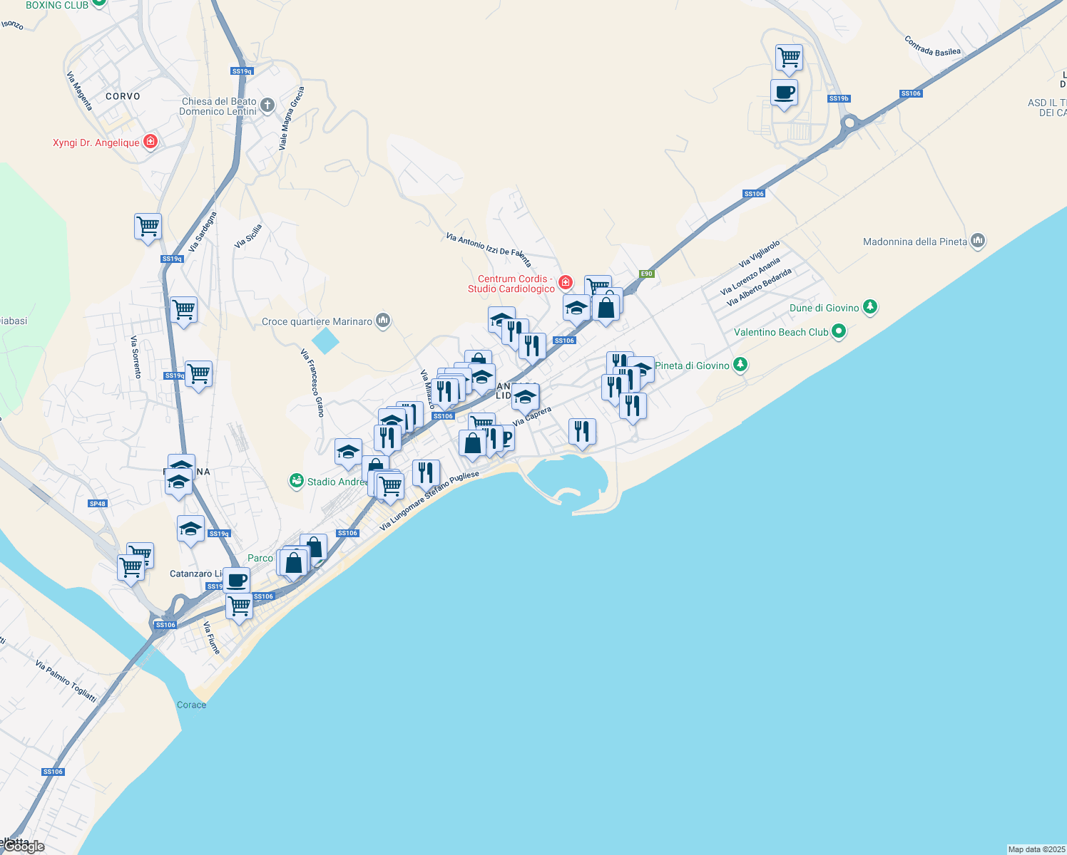 map of restaurants, bars, coffee shops, grocery stores, and more near 28 Via Enrico Aristippo in Catanzaro