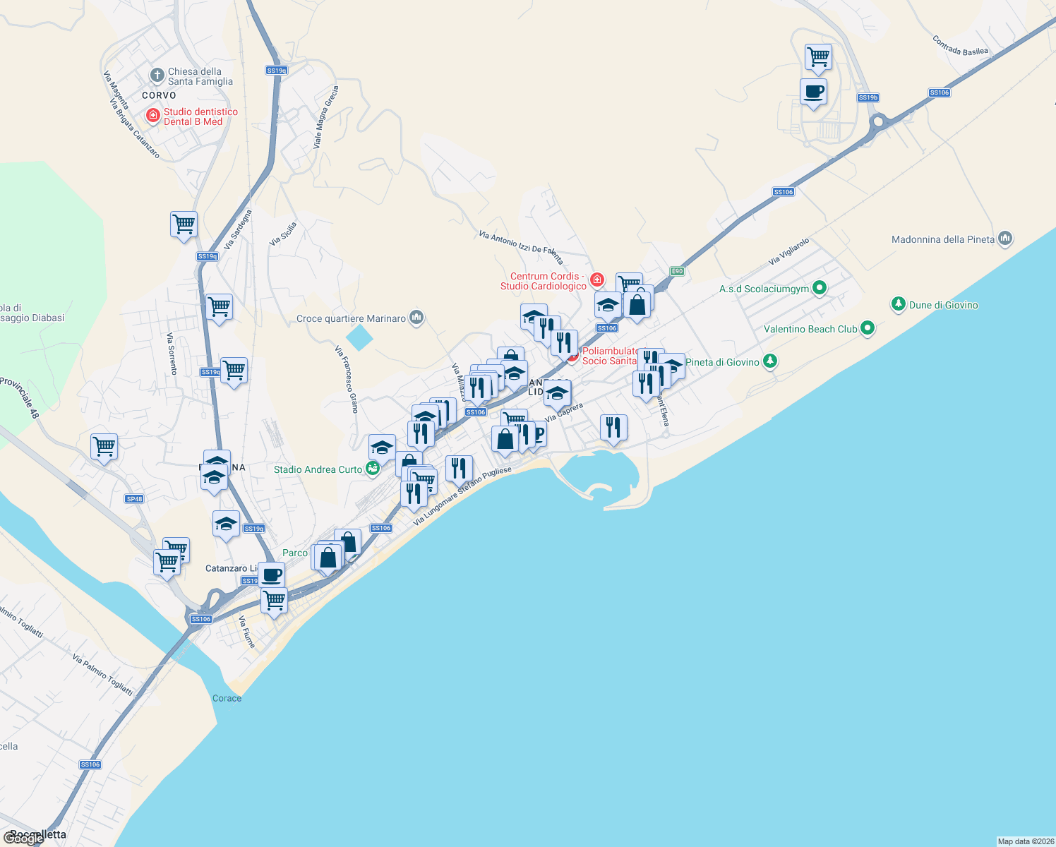 map of restaurants, bars, coffee shops, grocery stores, and more near 138 Via Caprera in Catanzaro