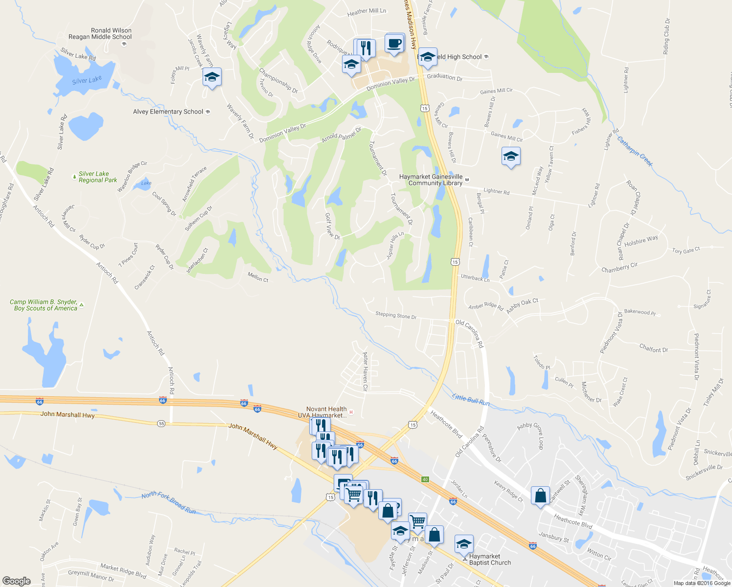 map of restaurants, bars, coffee shops, grocery stores, and more near 15154 Stepping Stone Drive in Haymarket
