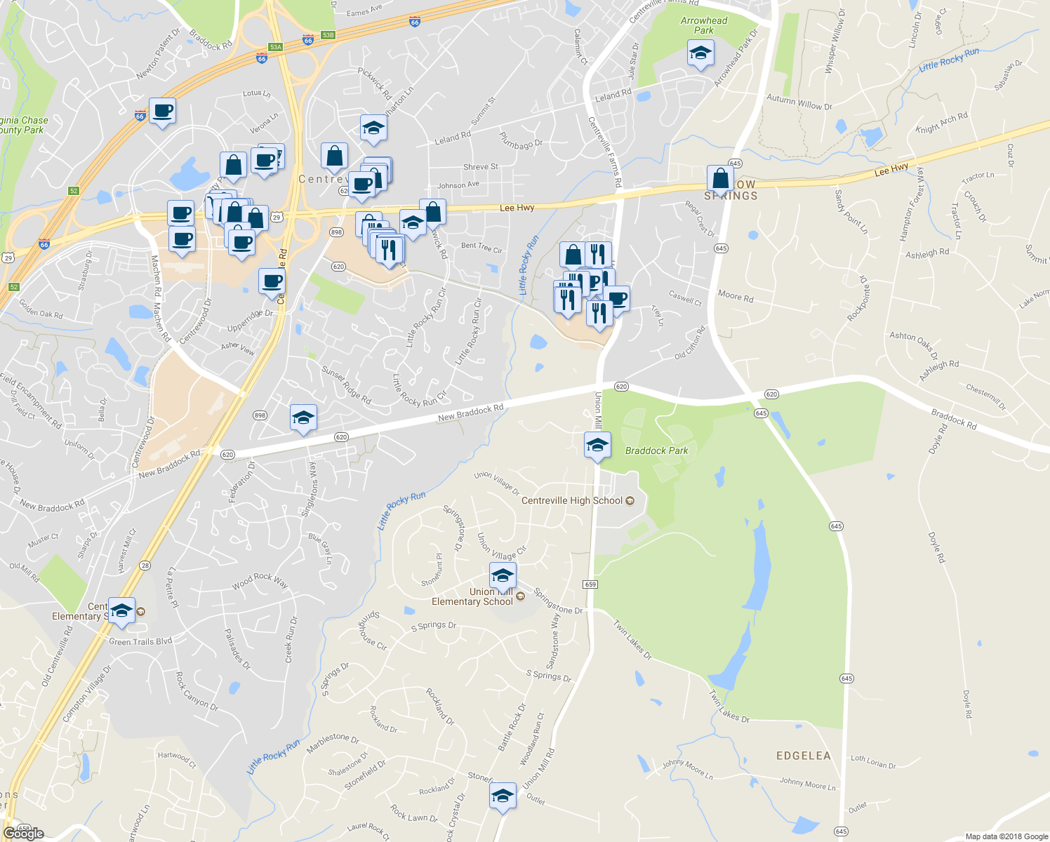 map of restaurants, bars, coffee shops, grocery stores, and more near 13672 Wildflower Lane in Clifton
