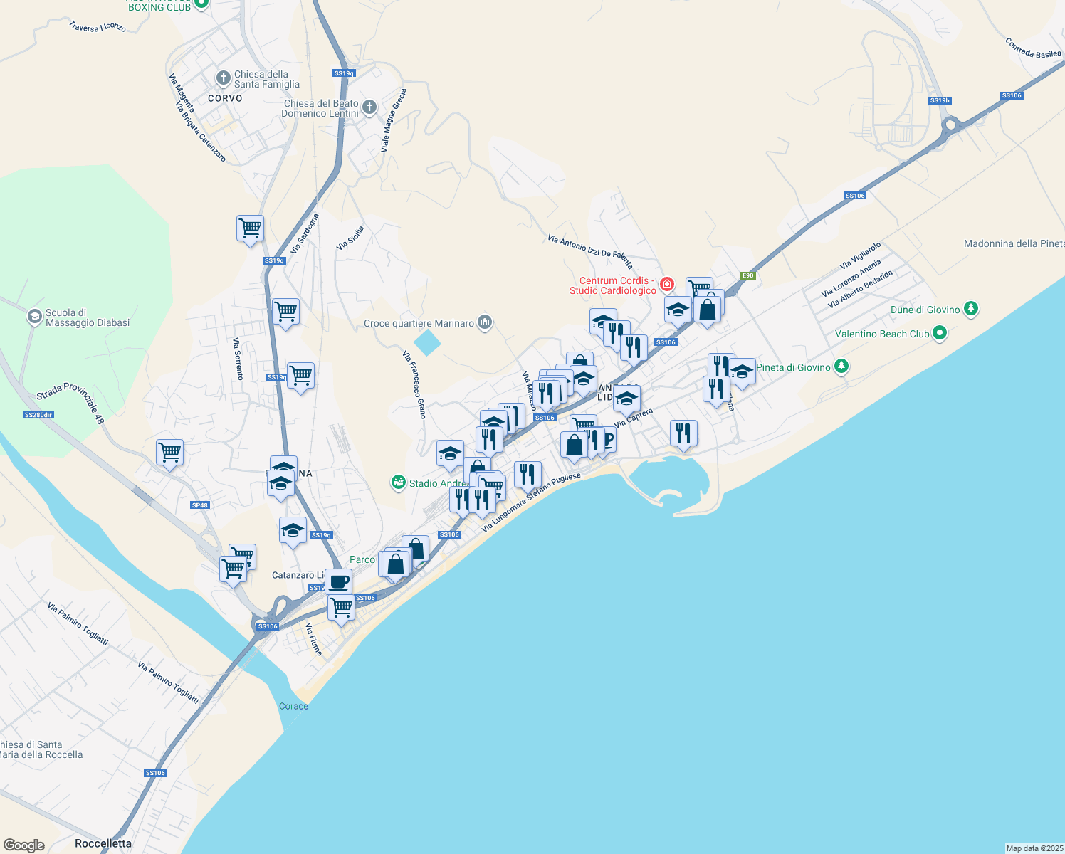 map of restaurants, bars, coffee shops, grocery stores, and more near 118 Viale Crotone in Catanzaro