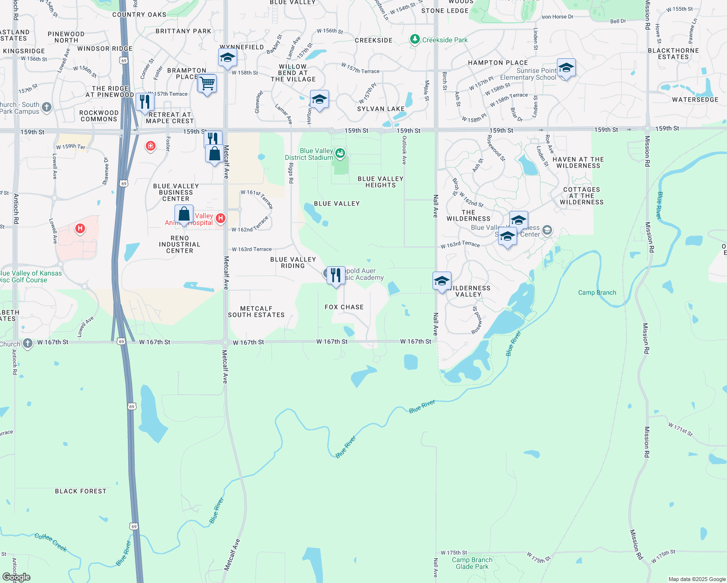 map of restaurants, bars, coffee shops, grocery stores, and more near 16500 Dearborn Dr in Stilwell