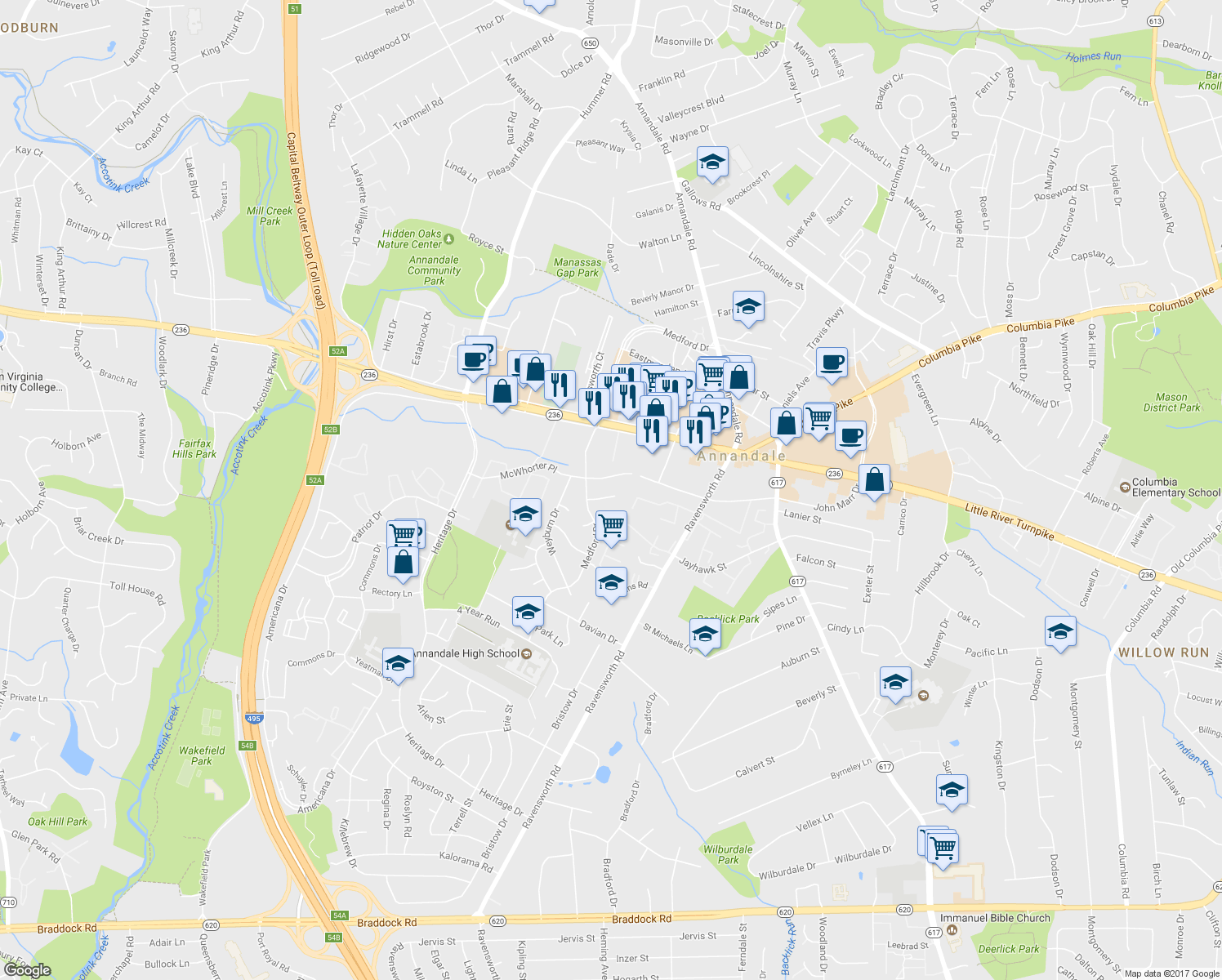 map of restaurants, bars, coffee shops, grocery stores, and more near 7454 Madeira Place in Annandale