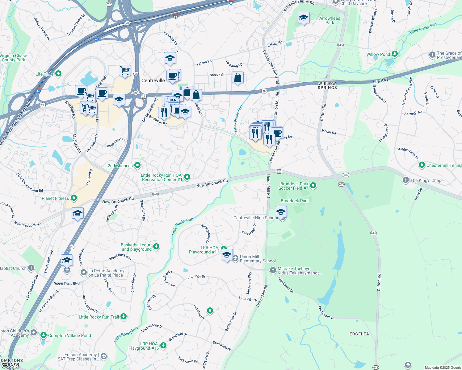 map of restaurants, bars, coffee shops, grocery stores, and more near 13695 Wildflower Lane in Clifton