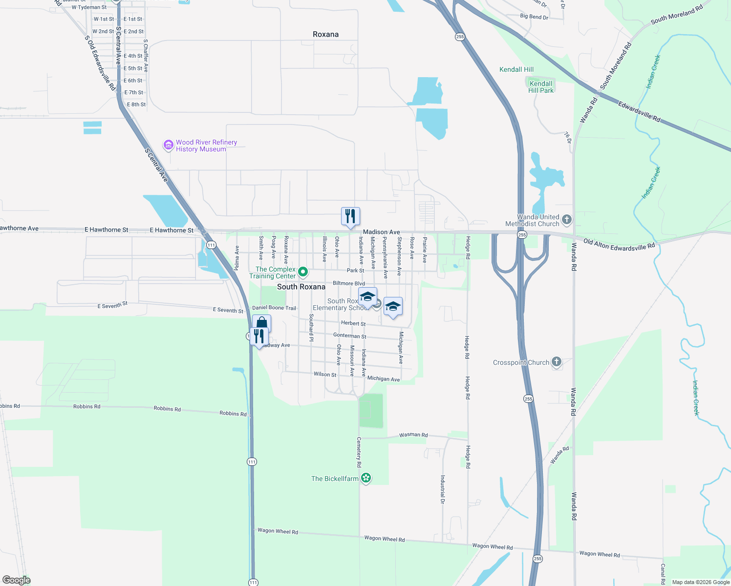 map of restaurants, bars, coffee shops, grocery stores, and more near 408 Indiana Avenue in South Roxana