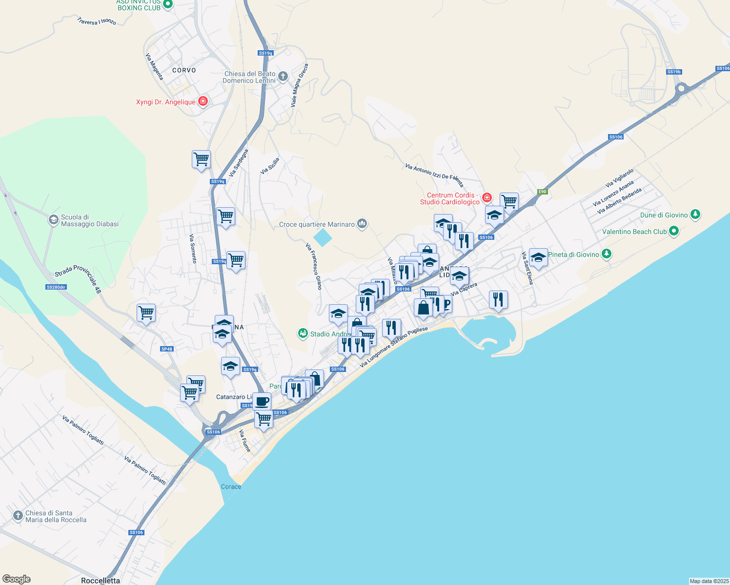 map of restaurants, bars, coffee shops, grocery stores, and more near 39 Via Taranto in Catanzaro