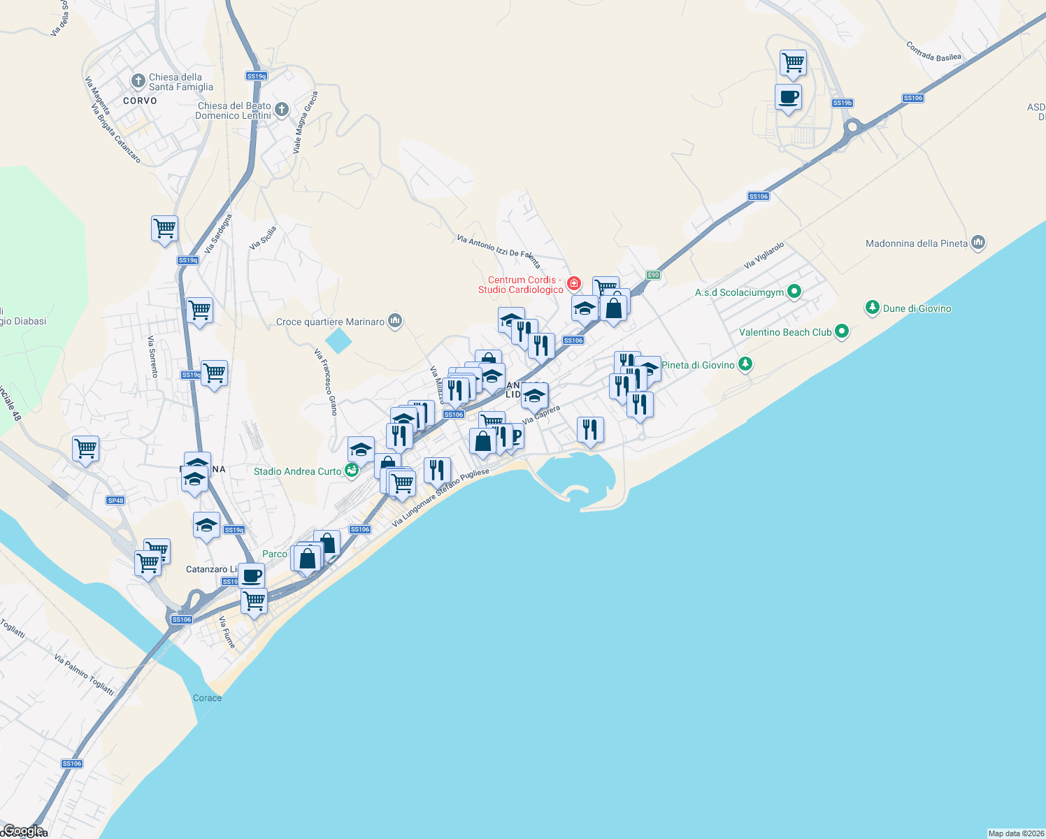 map of restaurants, bars, coffee shops, grocery stores, and more near 13a Via Caprera in Catanzaro