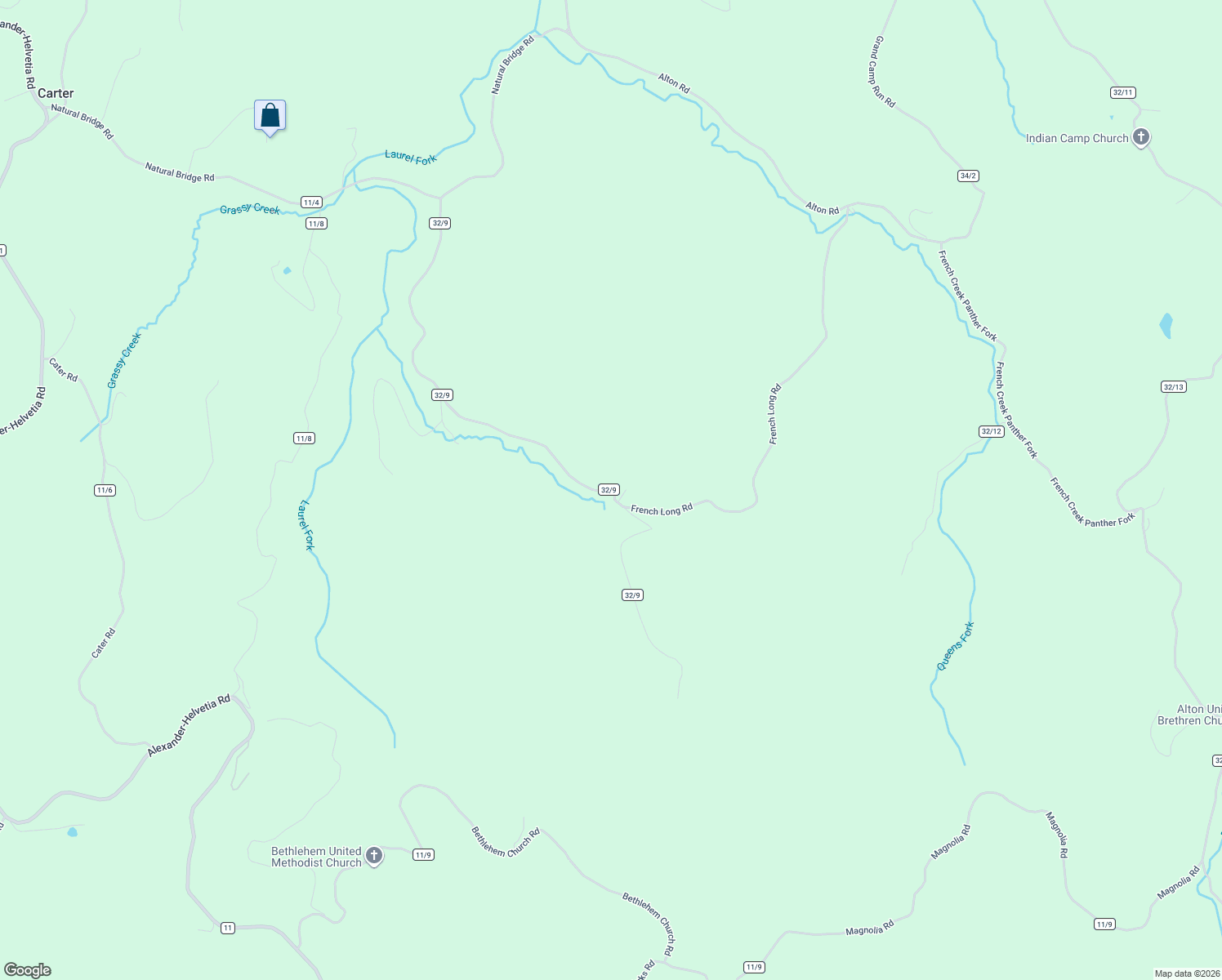 map of restaurants, bars, coffee shops, grocery stores, and more near 1376 French Long Road in French Creek