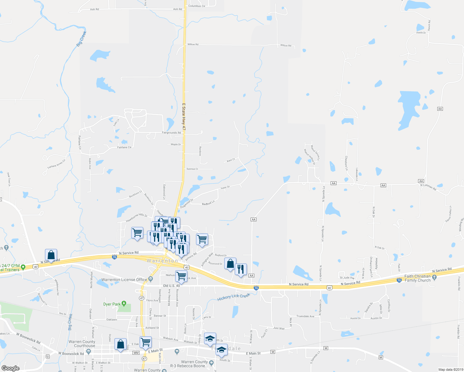 map of restaurants, bars, coffee shops, grocery stores, and more near 17 Isaac Drive in Warrenton