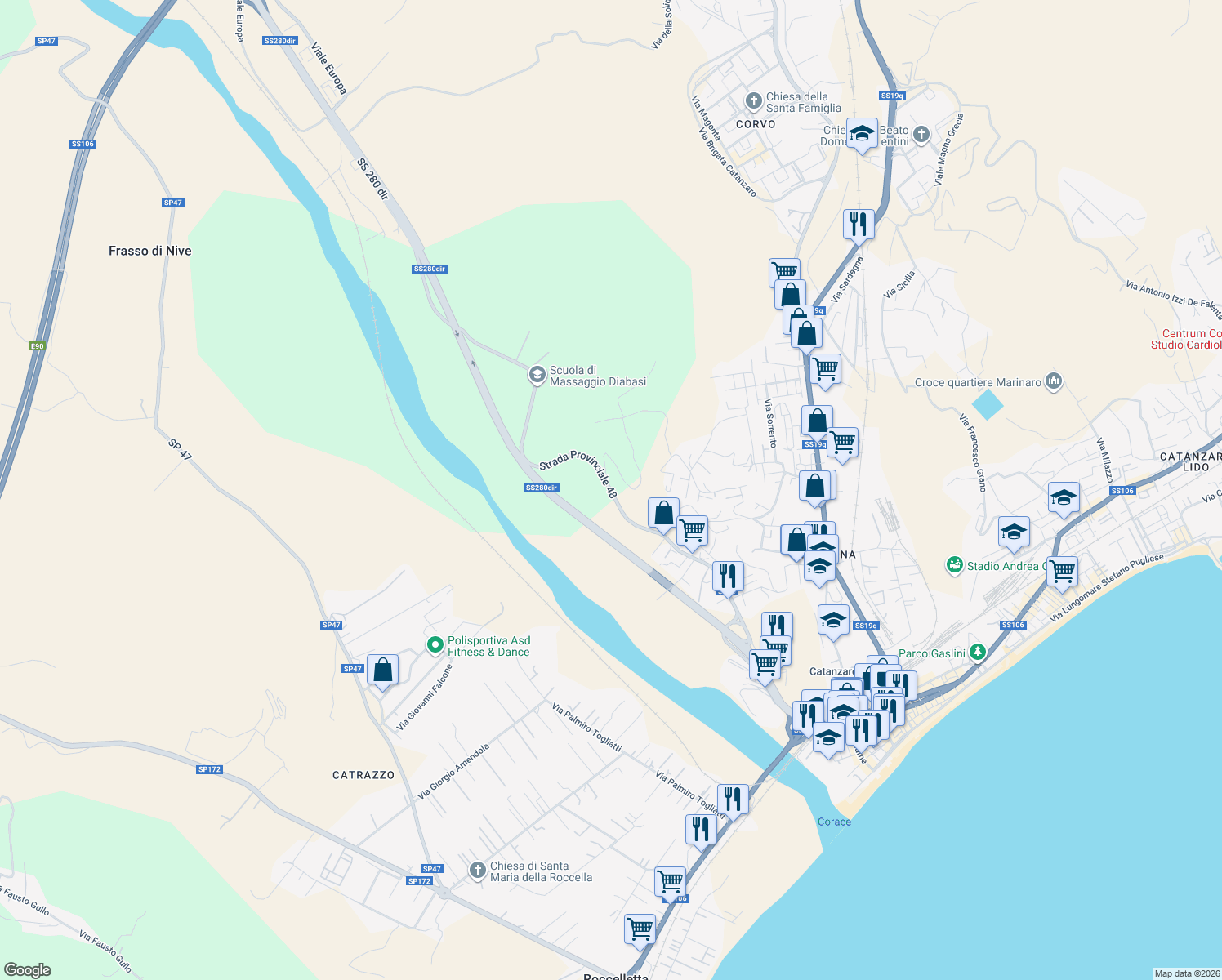 map of restaurants, bars, coffee shops, grocery stores, and more near in Province of Catanzaro