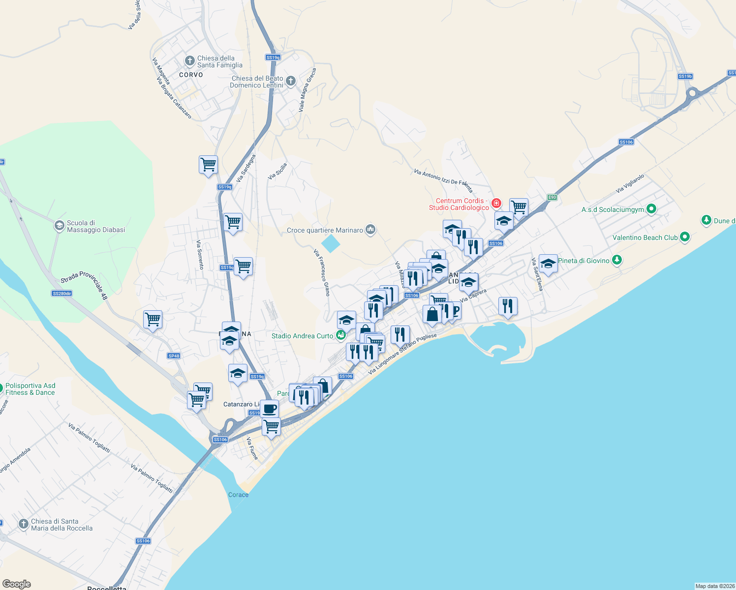 map of restaurants, bars, coffee shops, grocery stores, and more near 39 Via Taranto in Catanzaro
