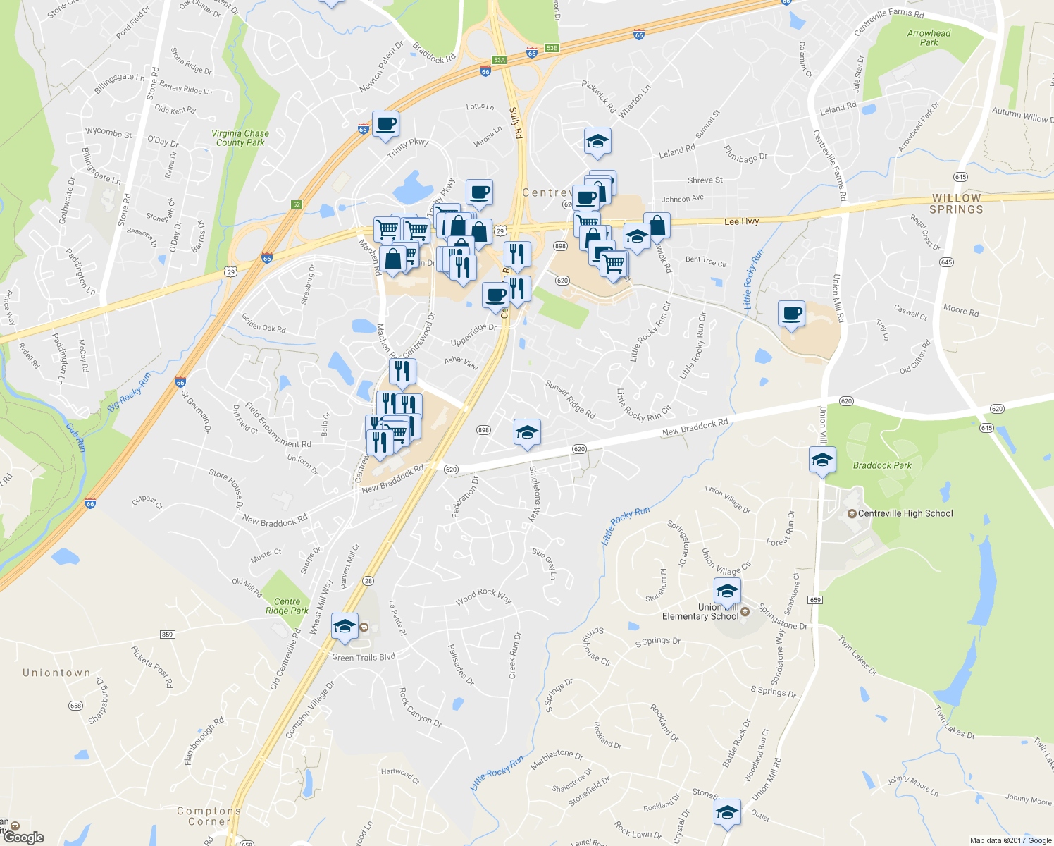 map of restaurants, bars, coffee shops, grocery stores, and more near 6109 George Baylor Drive in Centreville