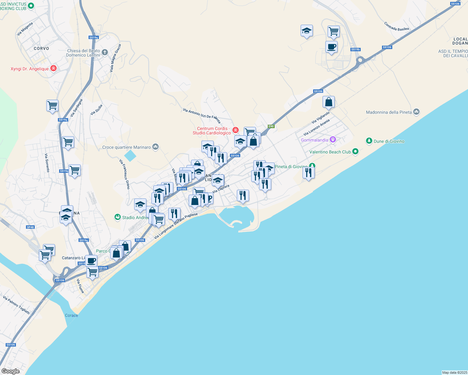 map of restaurants, bars, coffee shops, grocery stores, and more near 9/15 Via Martiri di Cefalonia in Catanzaro