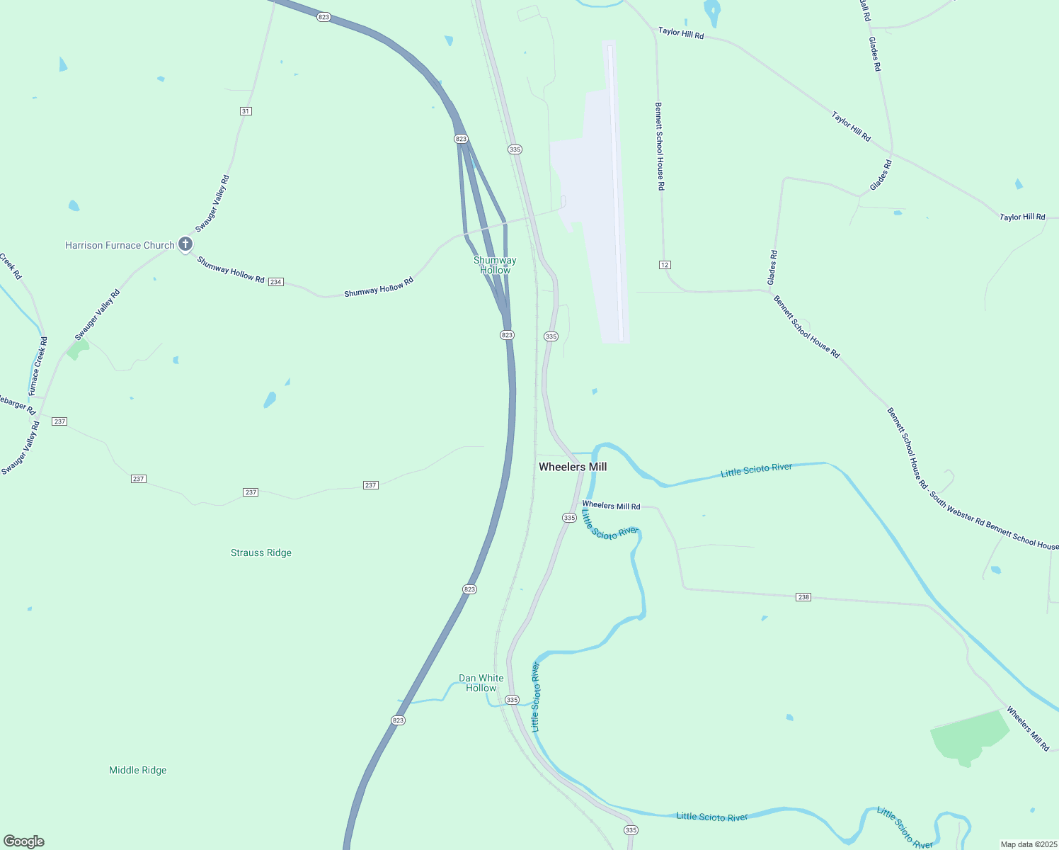 map of restaurants, bars, coffee shops, grocery stores, and more near 6703 Ohio 335 in Portsmouth