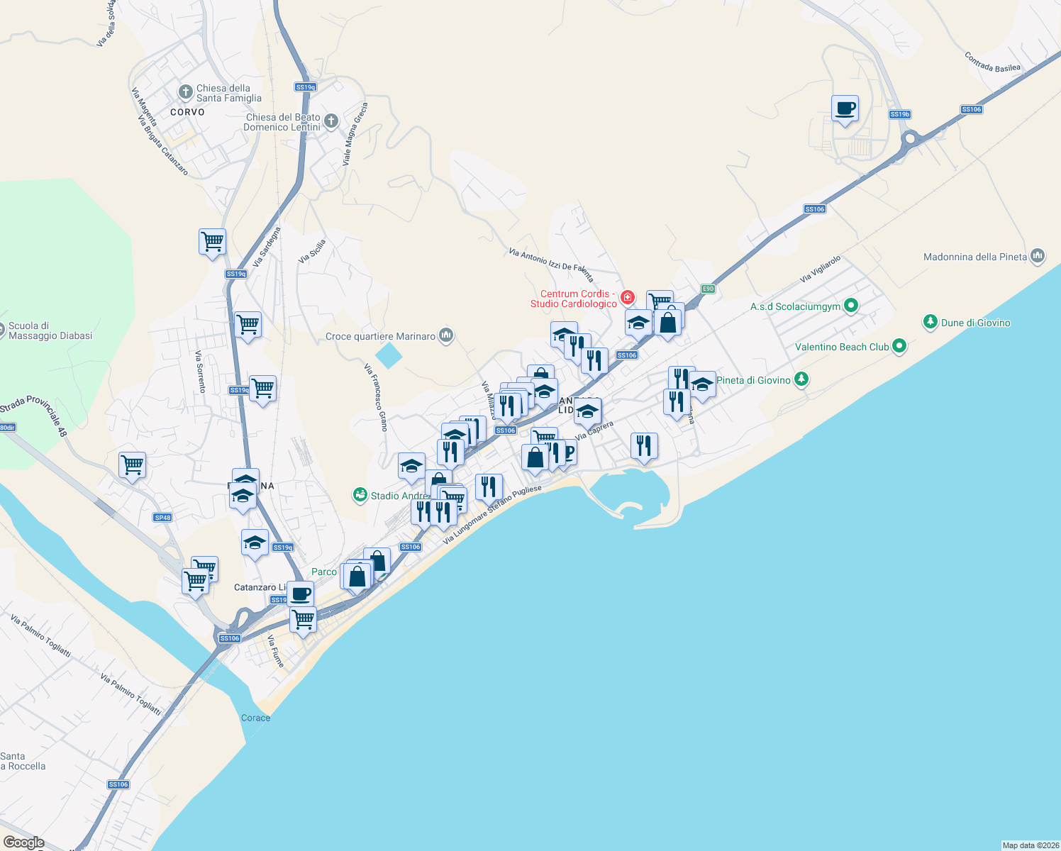 map of restaurants, bars, coffee shops, grocery stores, and more near 154 Viale Crotone in Catanzaro