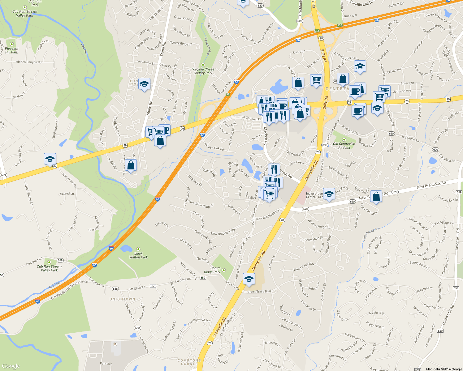 map of restaurants, bars, coffee shops, grocery stores, and more near 6218 Battalion Street in Centreville
