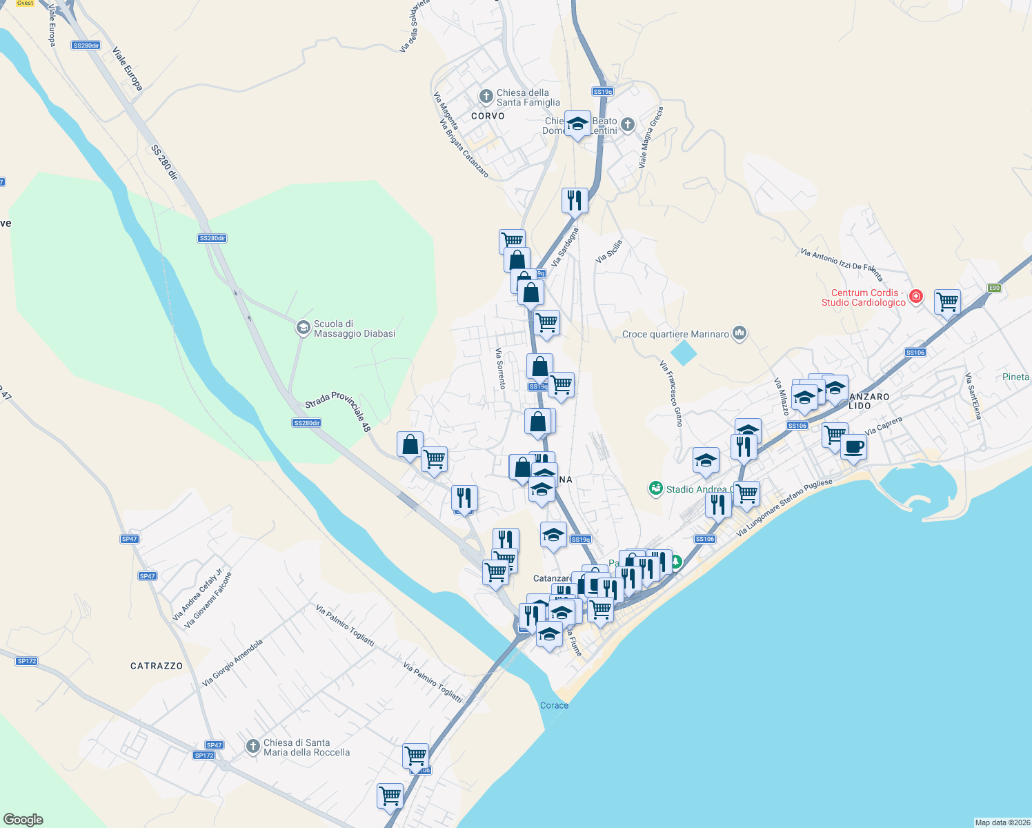 map of restaurants, bars, coffee shops, grocery stores, and more near Via Latina in Catanzaro