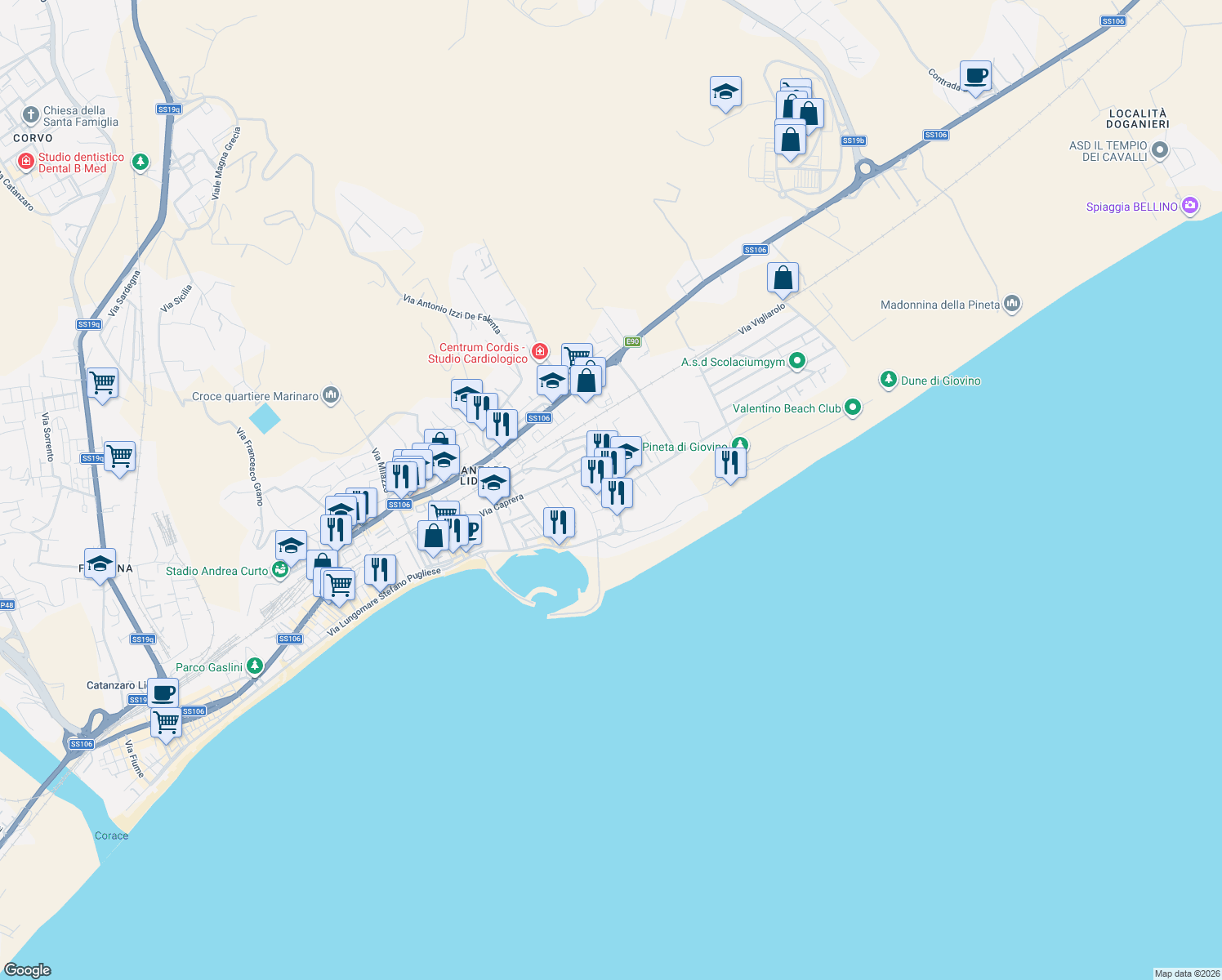 map of restaurants, bars, coffee shops, grocery stores, and more near 1-3 Via Carlo Pisacane in Catanzaro