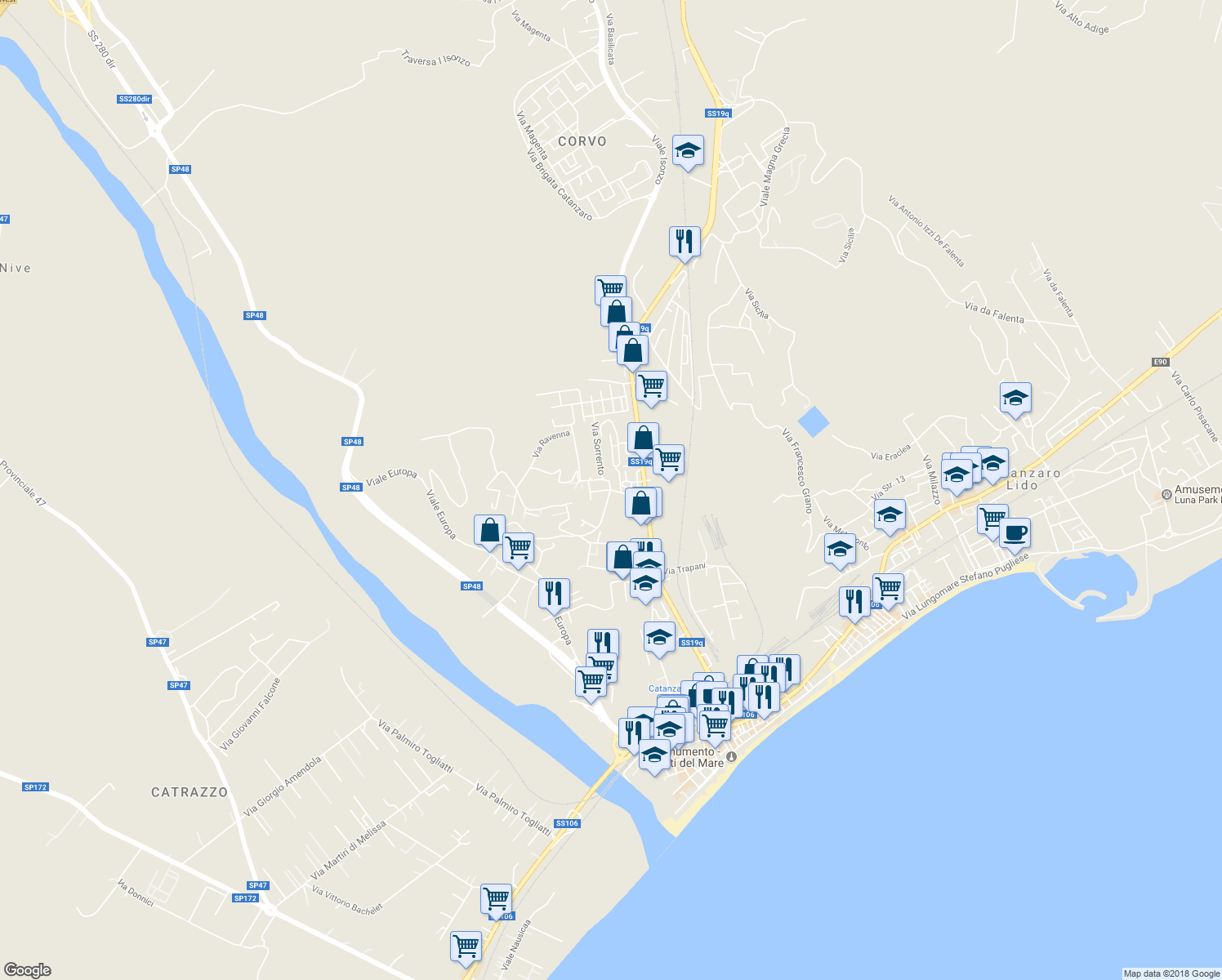 map of restaurants, bars, coffee shops, grocery stores, and more near Via Formia in Catanzaro