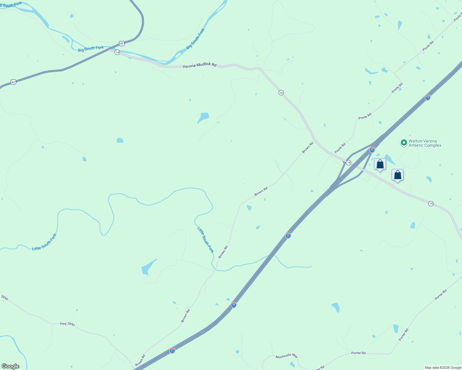 map of restaurants, bars, coffee shops, grocery stores, and more near 14365 Brown Road in Verona