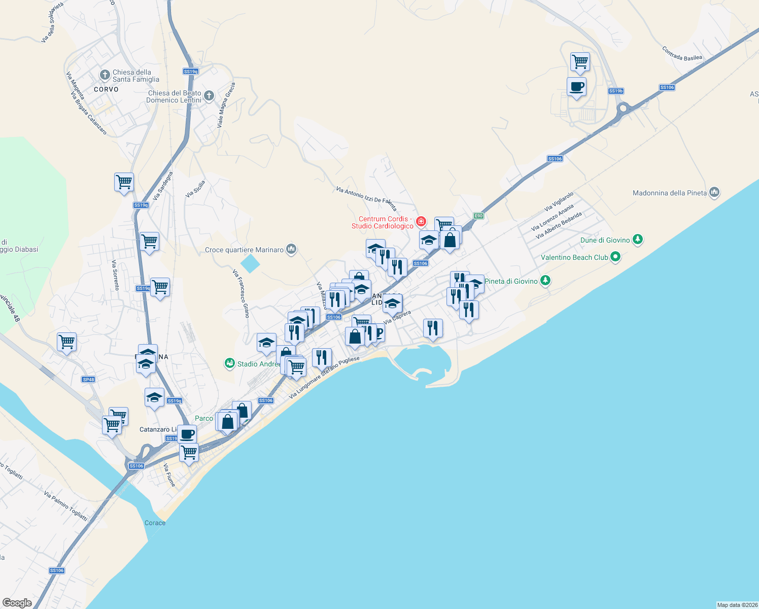 map of restaurants, bars, coffee shops, grocery stores, and more near in Catanzaro Lido