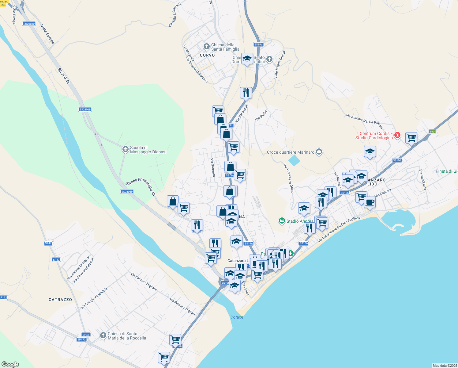 map of restaurants, bars, coffee shops, grocery stores, and more near 211 Viale Magna Grecia in Catanzaro