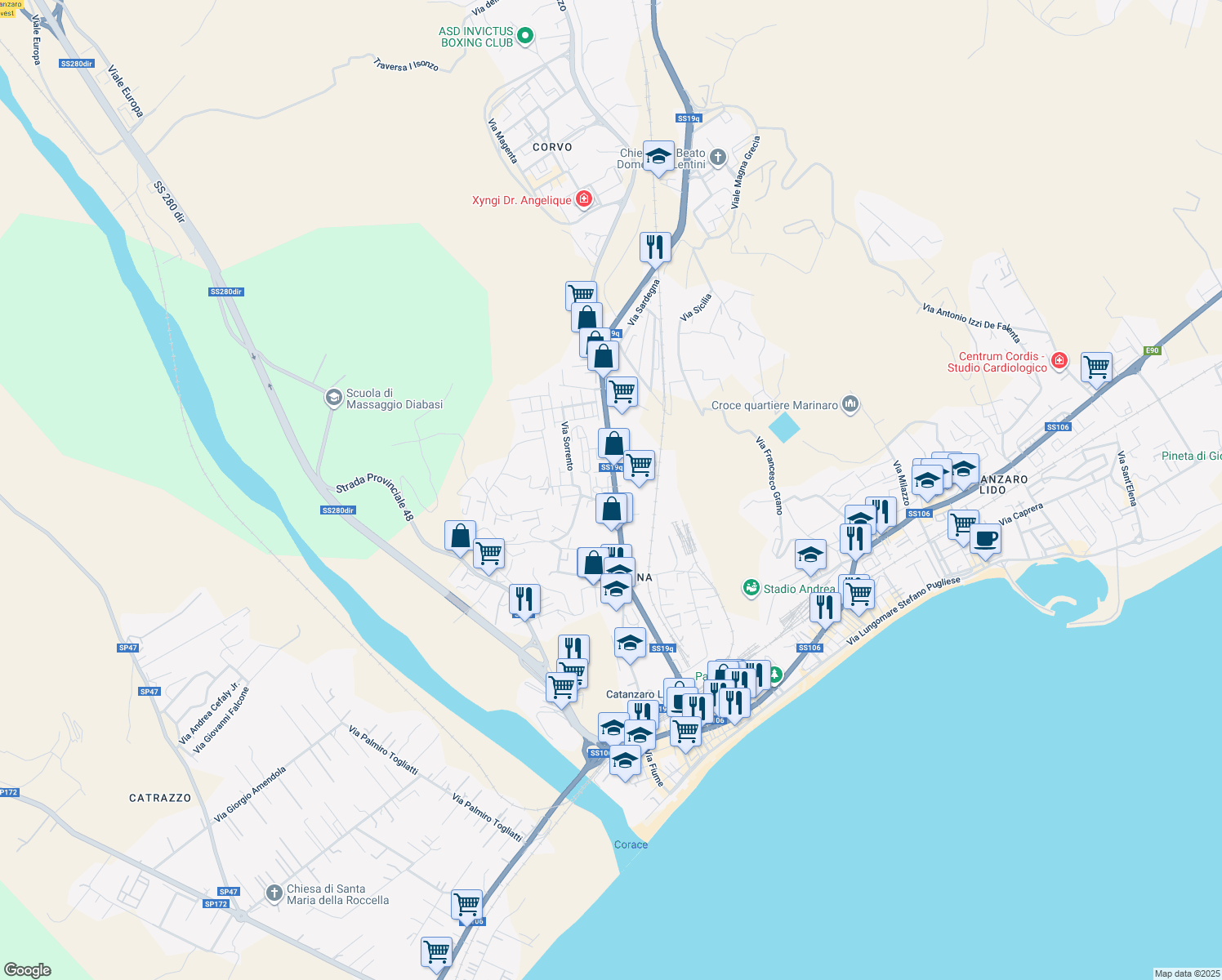map of restaurants, bars, coffee shops, grocery stores, and more near 211 Viale Magna Grecia in Catanzaro