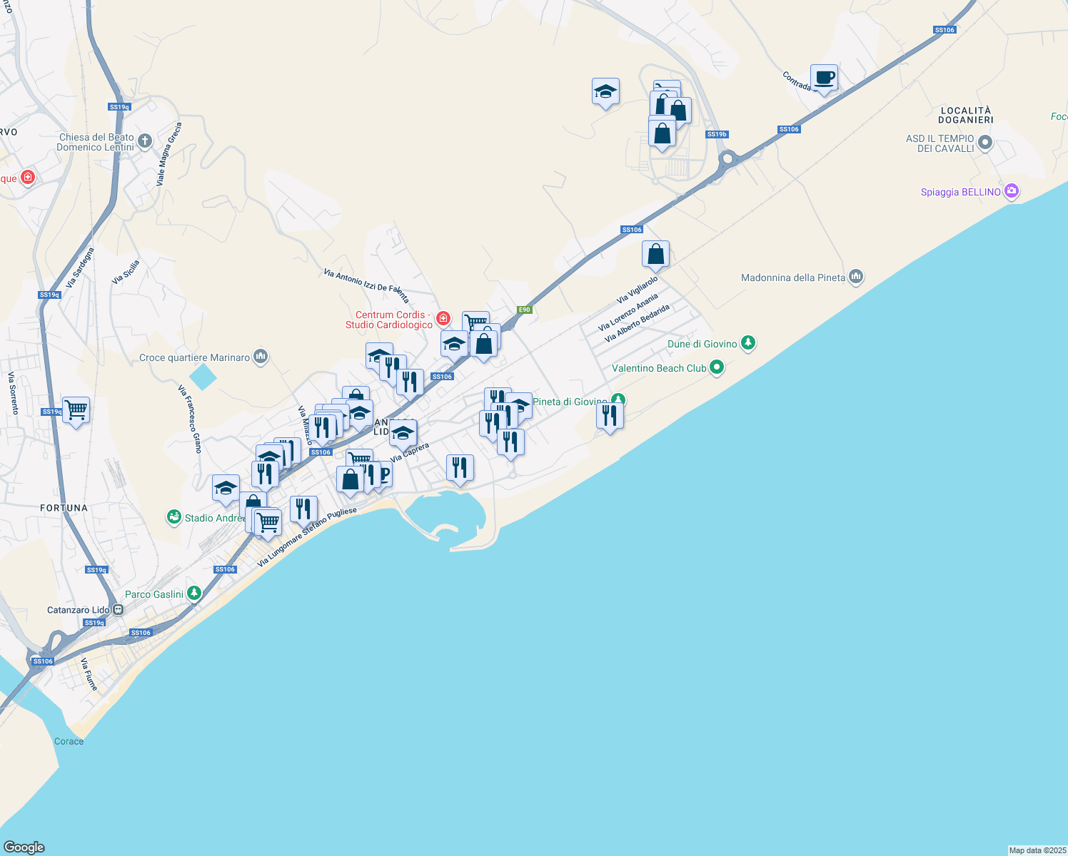 map of restaurants, bars, coffee shops, grocery stores, and more near 6 Via Carlo Pisacane in Provincia di Catanzaro