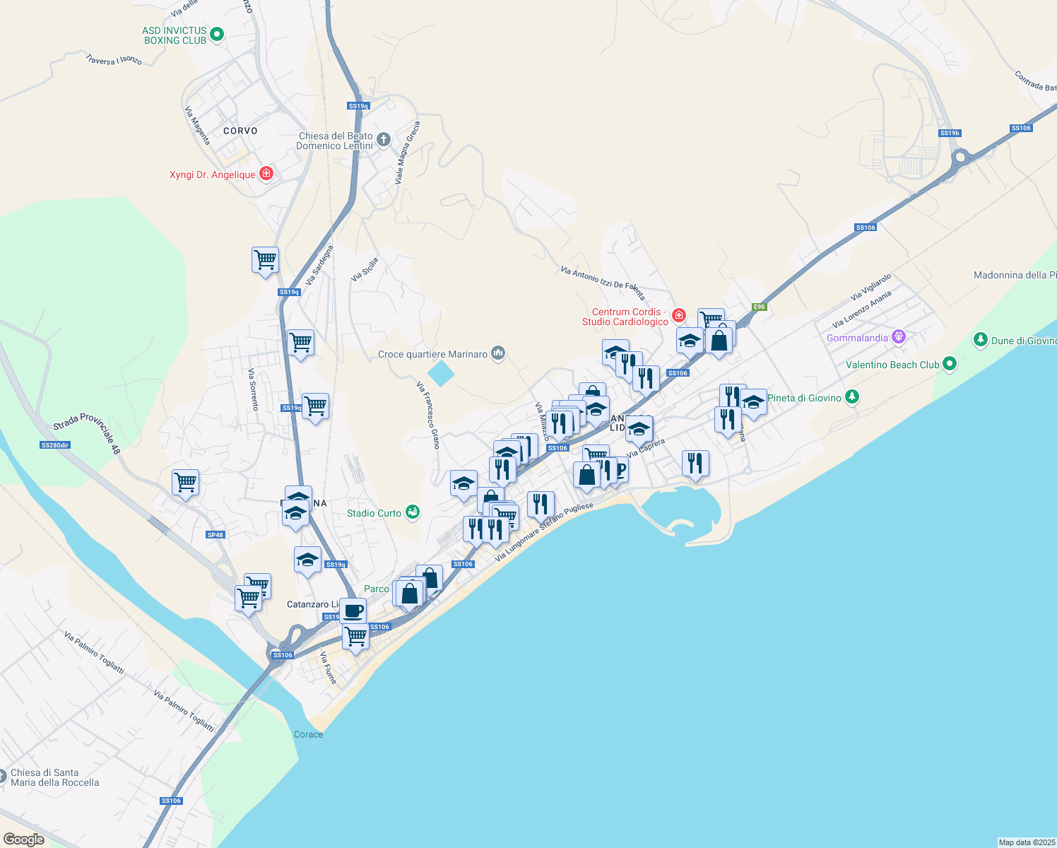 map of restaurants, bars, coffee shops, grocery stores, and more near 49 Via Lamezia Terme in Catanzaro