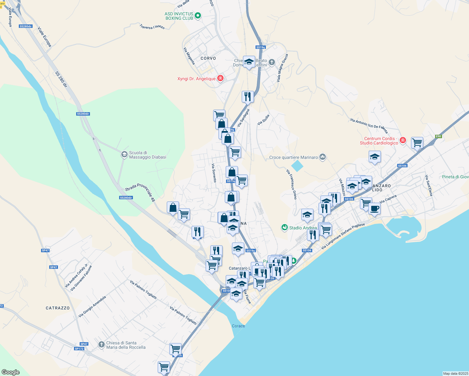 map of restaurants, bars, coffee shops, grocery stores, and more near 211 Viale Magna Grecia in Catanzaro